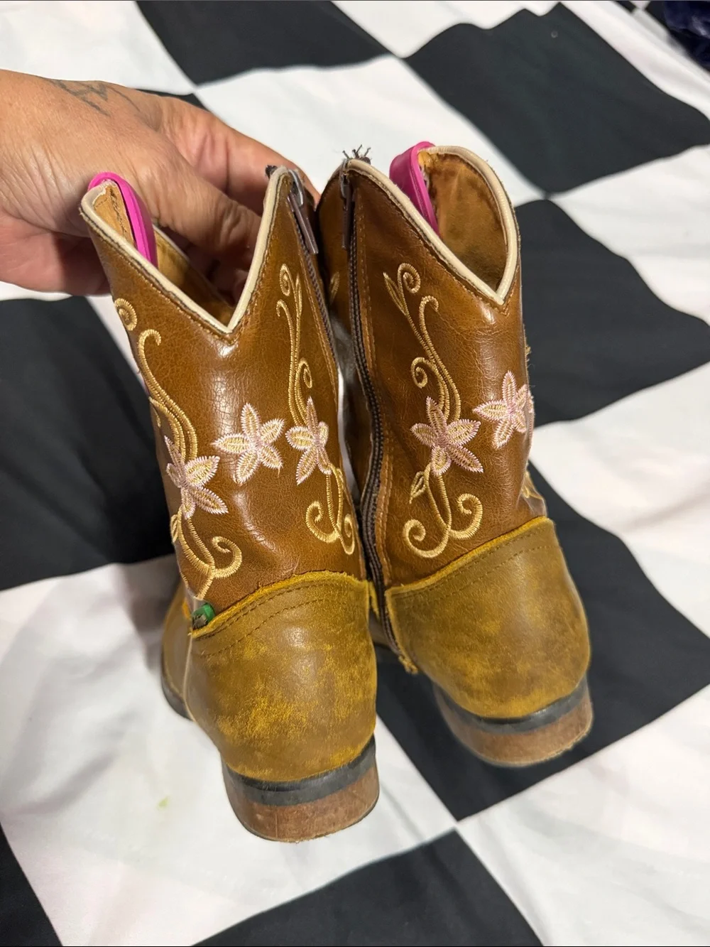 Girls' Tan Western Pull-On Boots with Pink Embroidery